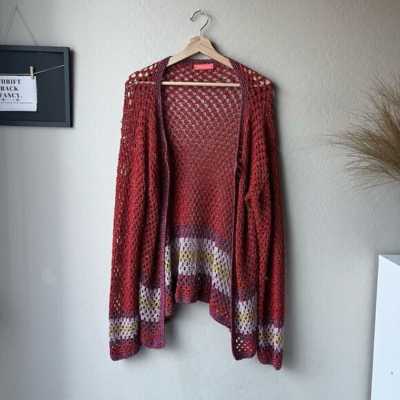 Rose Carmine Metallic Red Crochet Knit Colorblock Open Cardigan Sweater One Size - Picture 1 of 8